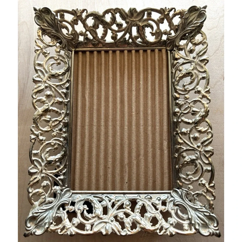 Vintage Ornate Photo Frame 5 x 7 Gold Filigree Metal Hollywood Regency No Glass